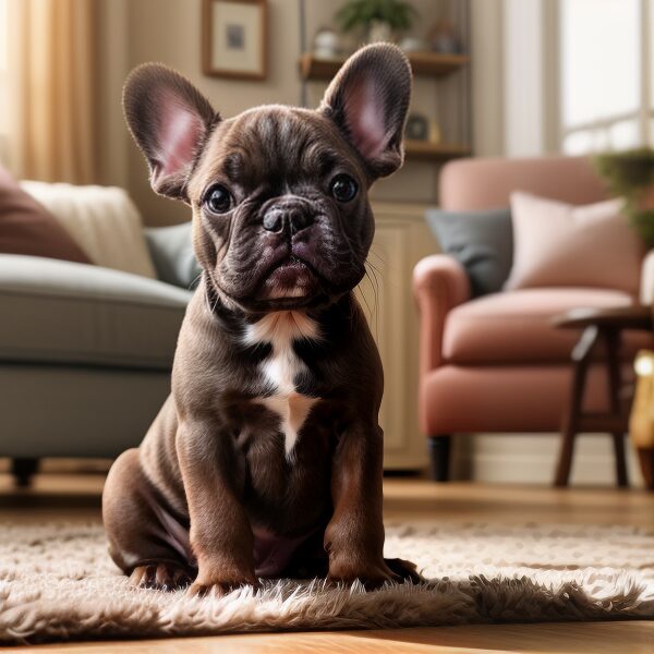 a Brindle french bulldog puppy sitting in a front room