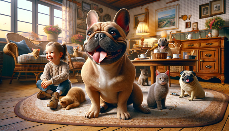 A photograph of a happy, drooling french bulldog sitting in a front room with a young child, cats and other dogs