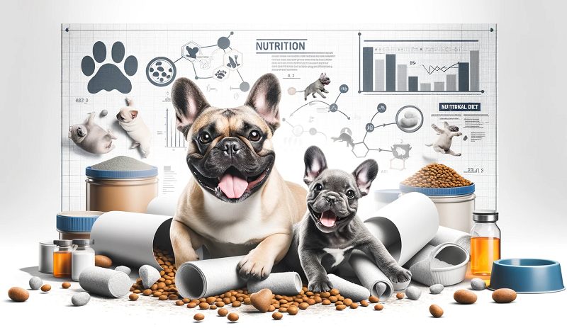 French Bulldogs surrounded by charts and food to highlight proper diet and nutrtion