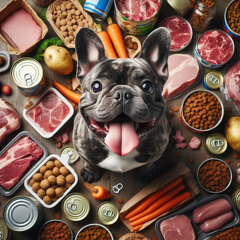 a hungry french bulldog surrounded by food