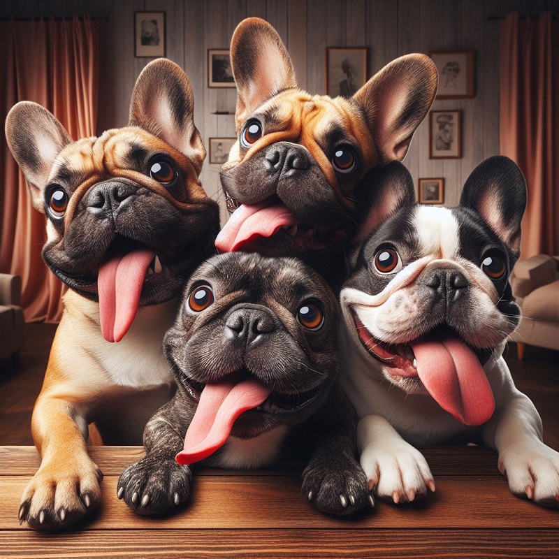 A group of different colored french bulldogs goofing around