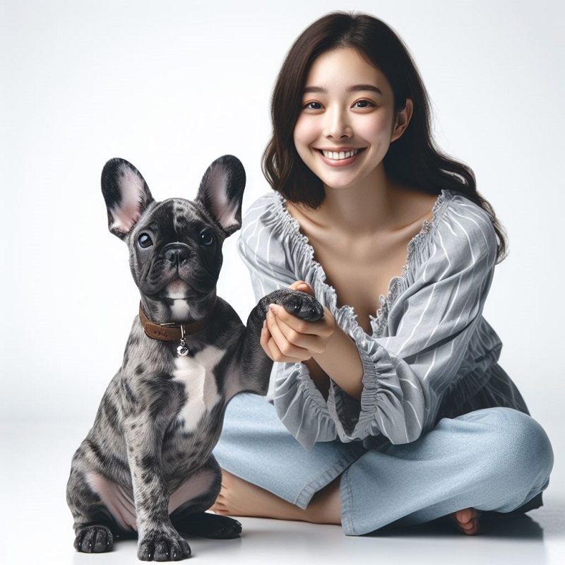 A young girl training her french bulldog