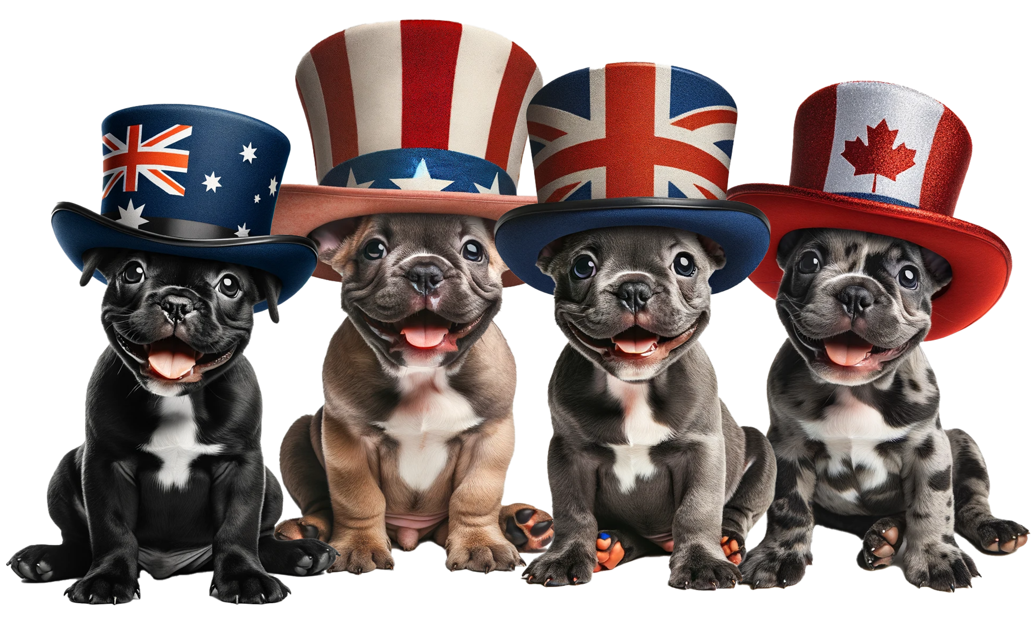 four French bulldog puppies, each wearing a top hat with a different national flag design and smiling. From left to right: a grey puppy with a Union Jack top hat, an Isabella puppy with an American flag top hat, a black puppy with an Australian flag top hat, and a merle puppy with a Canadian flag top hat, all set against a plain white background.