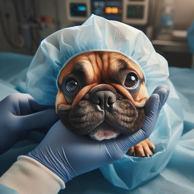 A french bulldog pup in an operating theatre, dressed in a hat and gown