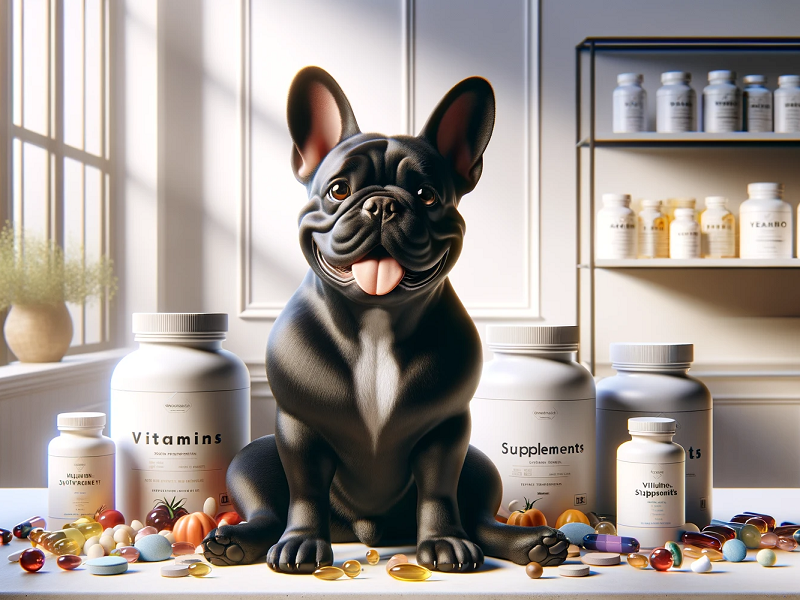 A black french bulldog surrounded by bottles of vitamins and supplements