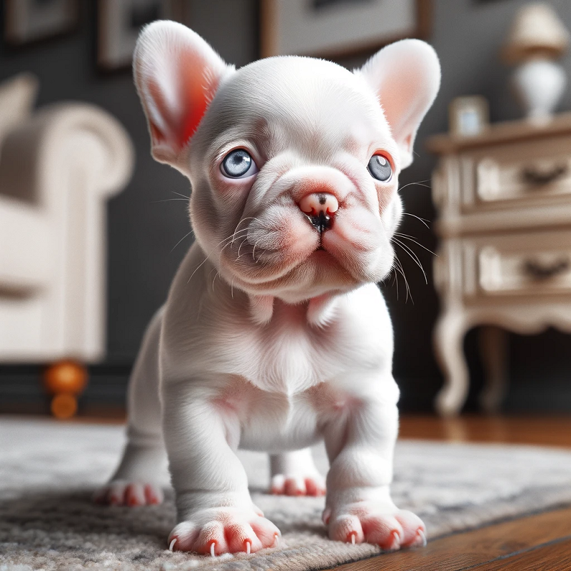 Albino (pink) french bulldog puppies in a basket