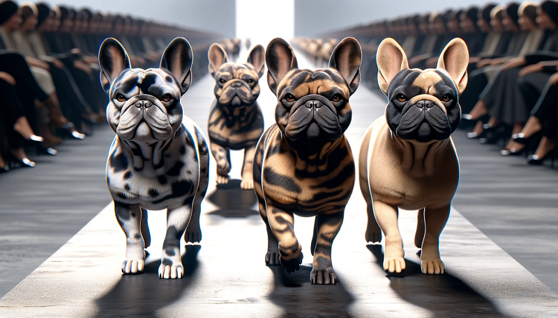 Three confident looking female french bulldogs strutting down the catwalk