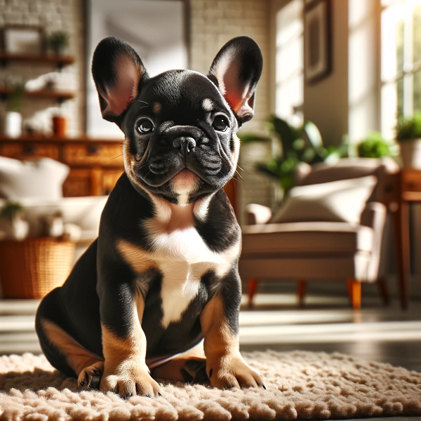 Black and Tan french bulldog puppy sitting in a front room