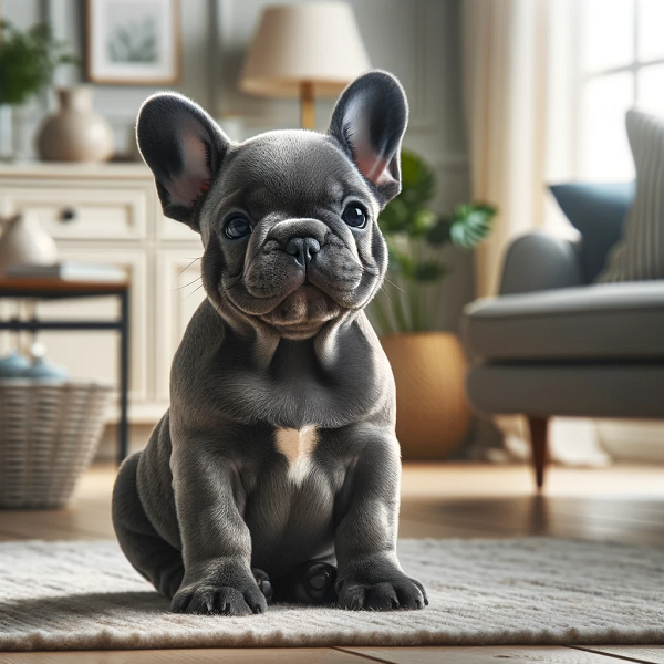 Blue french bulldog puppy sitting in a living room