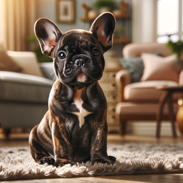 a Brindle french bulldog puppy sitting in a front room