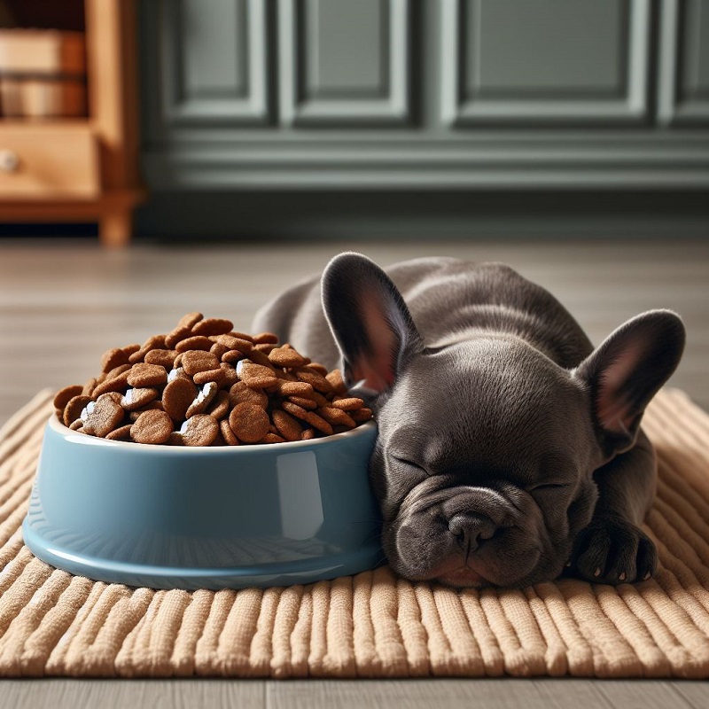 a blue french bulldog puppy sleeping next to a big bowl of dry dog food