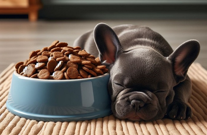 French Bulldogs surrounded by charts and food to highlight proper diet and nutrtion