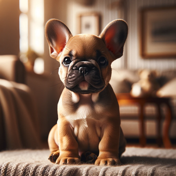 a Fawn french bulldog puppy sitting in a front room