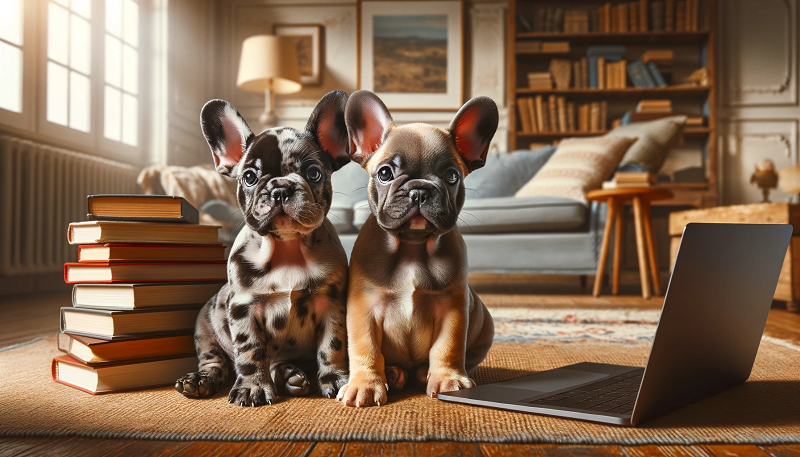 French Bulldogs surrounded by charts and food to highlight proper diet and nutrtion