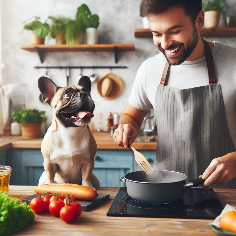 a french bulldog excitedly watching his owner cook 