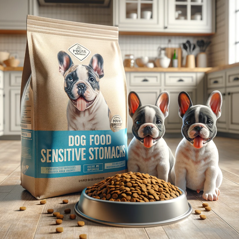 a picture of two french bulldog puppies sitting next to a bag of food labelled sensitive stomachs