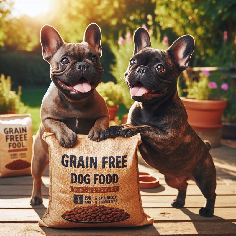 two french bulldogs playing around a big bag of grain-free dog food