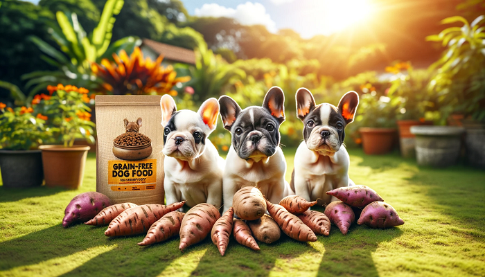 French Bulldogs surrounded by charts and food to highlight proper diet and nutrtion