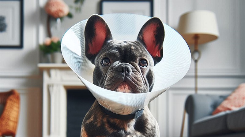 a french bulldog with a plastic cone round it's neck to stop it licking itself