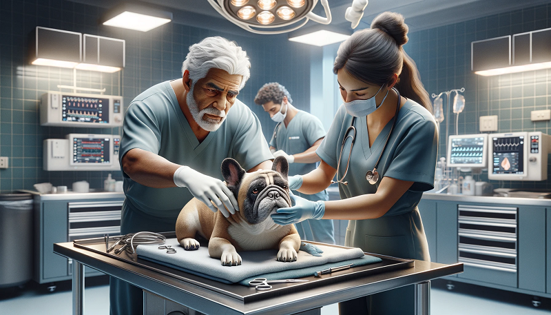 An old french bulldog in the operating theatre waiting for BOAS surgery