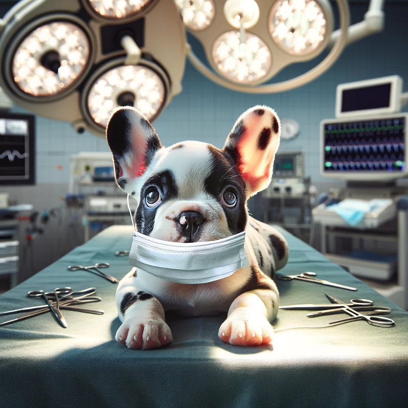 A sick french bulldog puppy in theatre wating for an operation, a mask covers its mouth