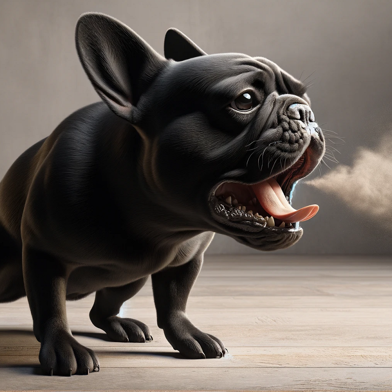 A photo of a black french bulldog coughing