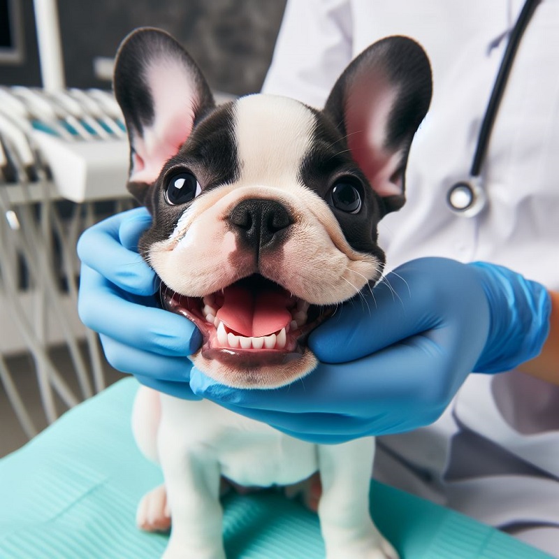 a french bulldog puppy having her teeth checked