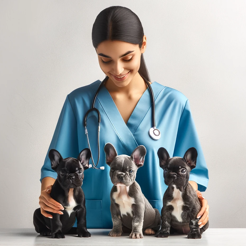 Three french bulldog puppies with a vet