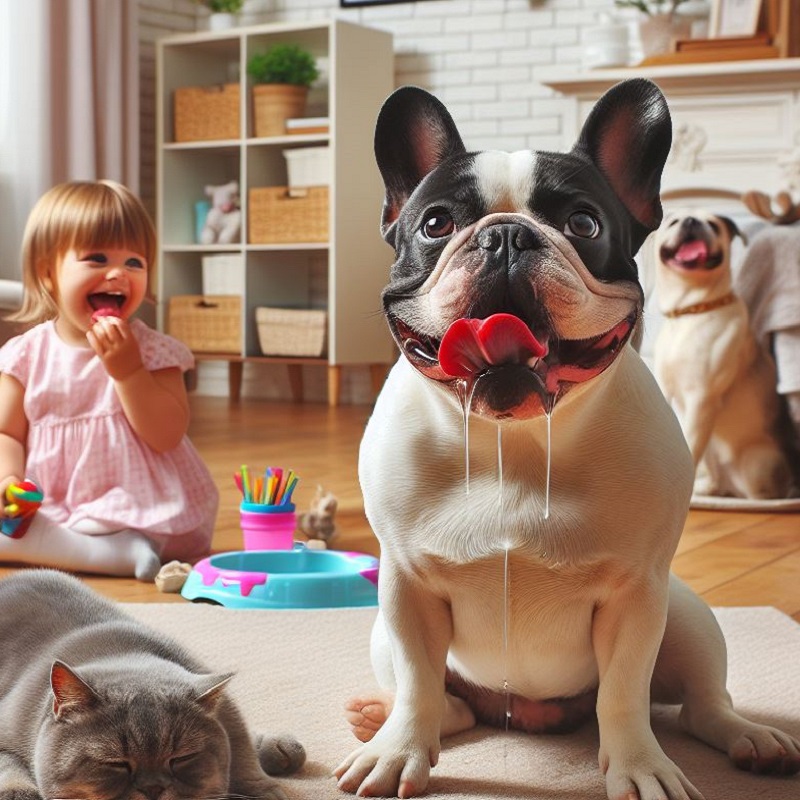 A big french bulldog sitting in the family room drooling