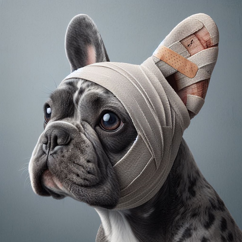 a merle french bulldog with a bandage around it's head an ear