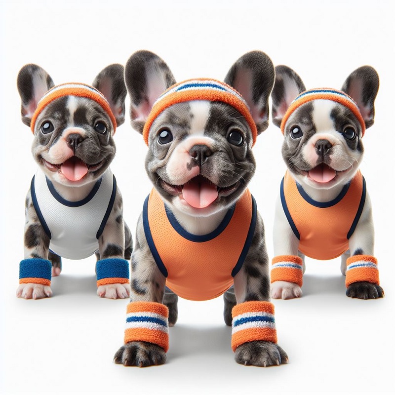 an image of three french bulldog pups wearing workout gear