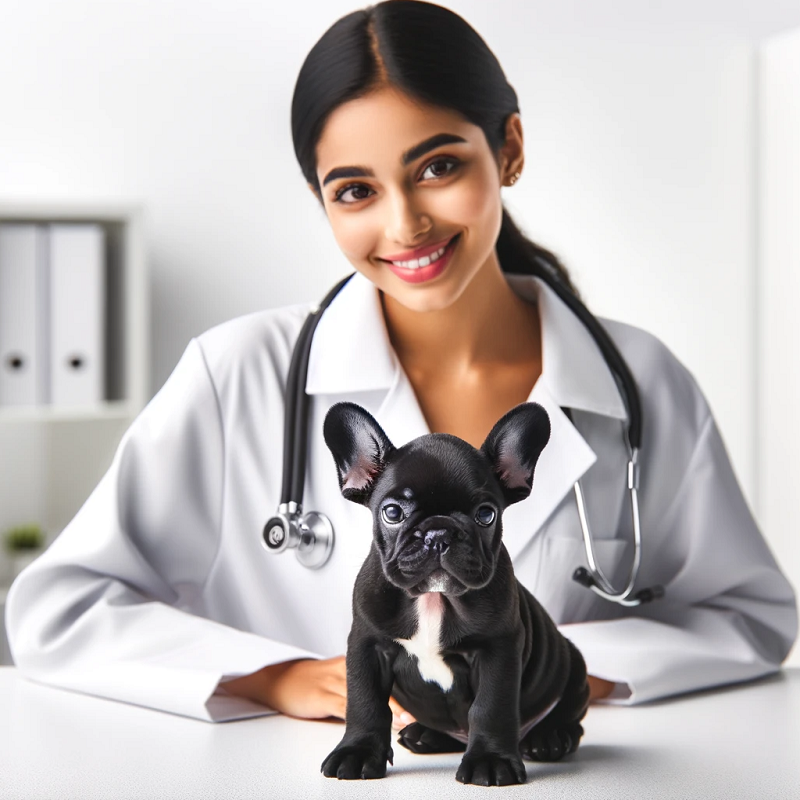 a black french bulldog puppy with a friendly female vet