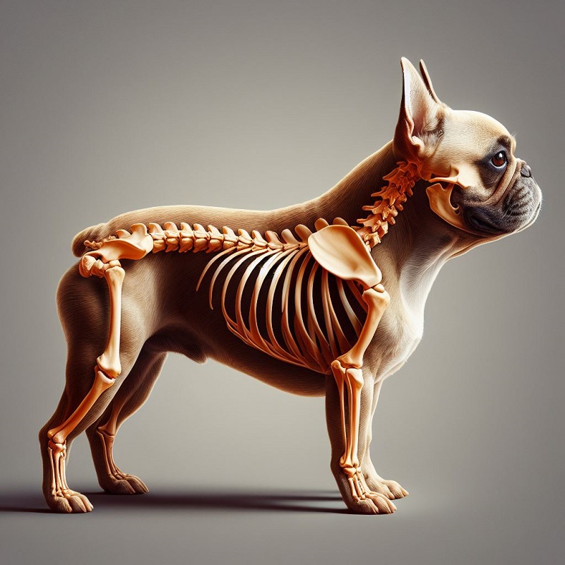 Profile of a fawn french bulldog with a skeleton overlayed. Looks scientific