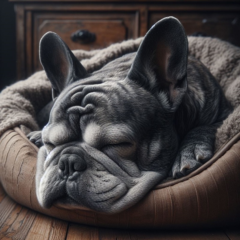 an old grey french bulldog sleeping in his bed