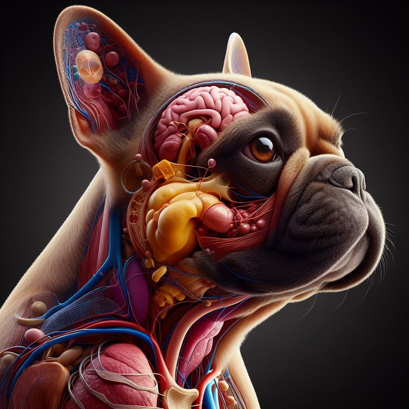 an image of a french bulldog head and neck with the nerves and mucles overlayed. Anatomy