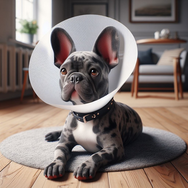 a grey french bulldog puppy with a plastic cone on to stop it licking its stitches