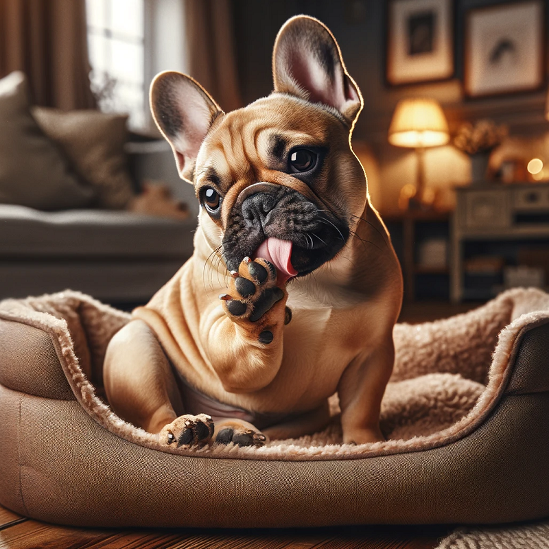 a french bulldog in its bed licking its paw