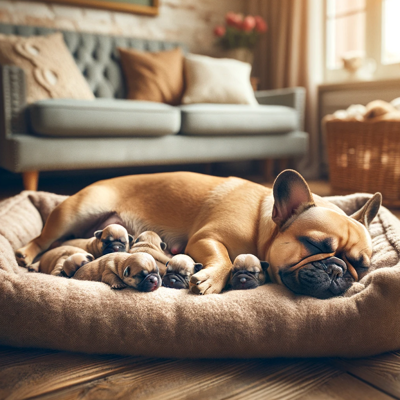 A french bulldog mom sleeping with her newborn pups