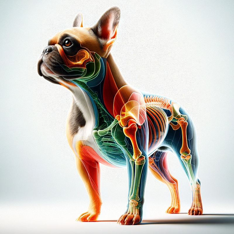 Scientific anatomical image of a french bulldog's skeleton imposed over it's body