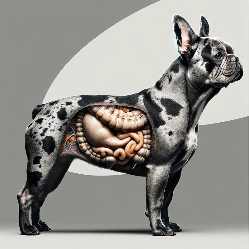 Scientific image of a french bulldog with stomach imposed over it. anatomy