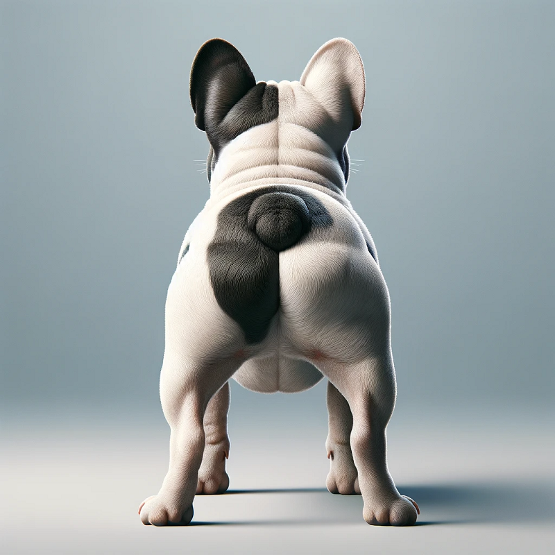 A french bulldog facing away from the camera, showing its back end and tail