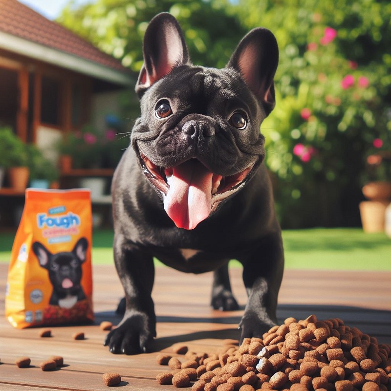 a black french bulldog in a sunny garden with a bag of hypoallergenic dog food