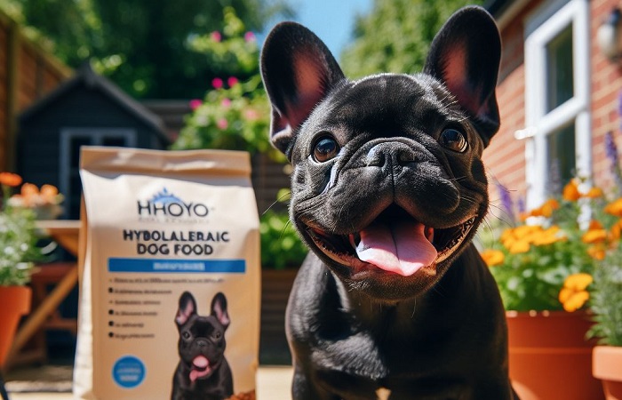 French Bulldogs surrounded by charts and food to highlight proper diet and nutrtion