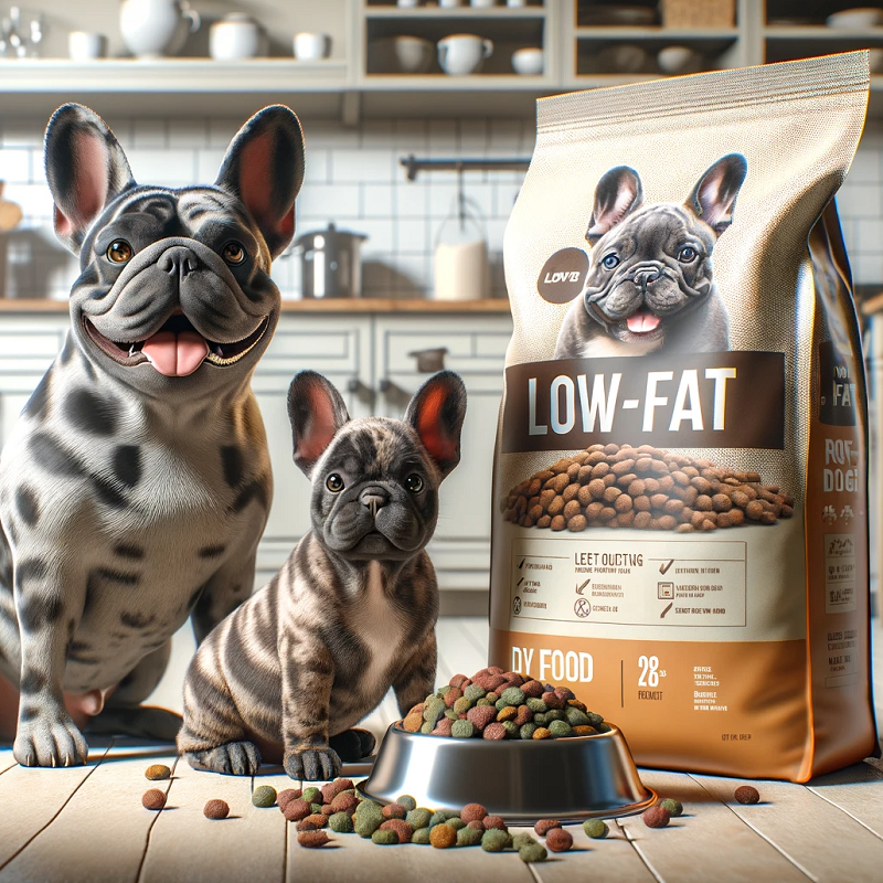 Two french bulldogs, one fat adult and one pup, sat in front of a big bag of low fat dog food