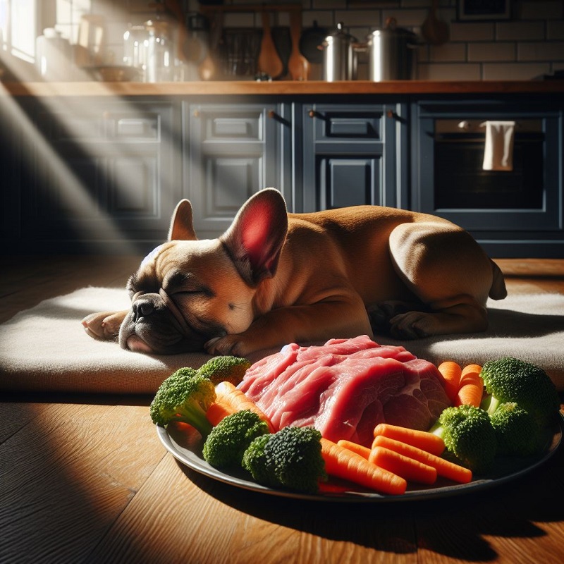 A fawn french bulldog sleeping next to a plate of fresh meat, brocolli and carrots