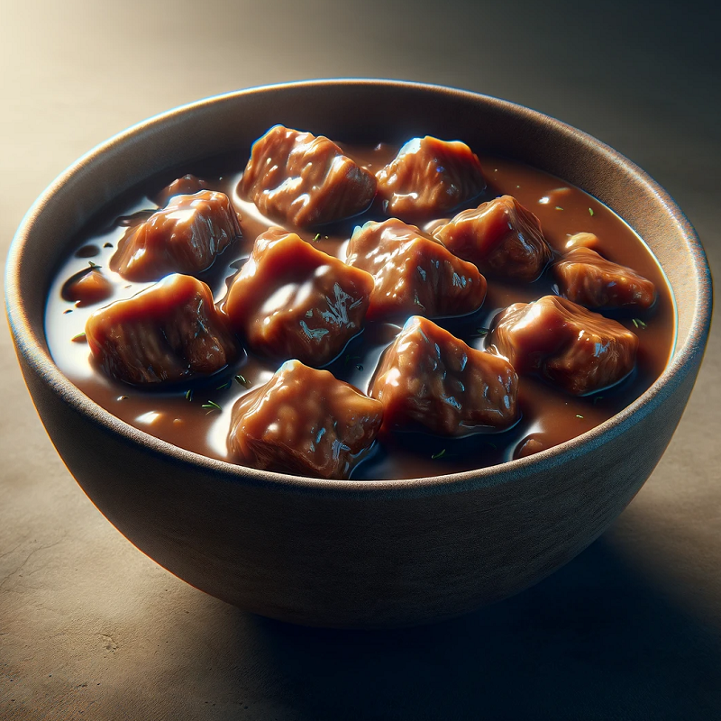 A bowl of meat chunks in gravy